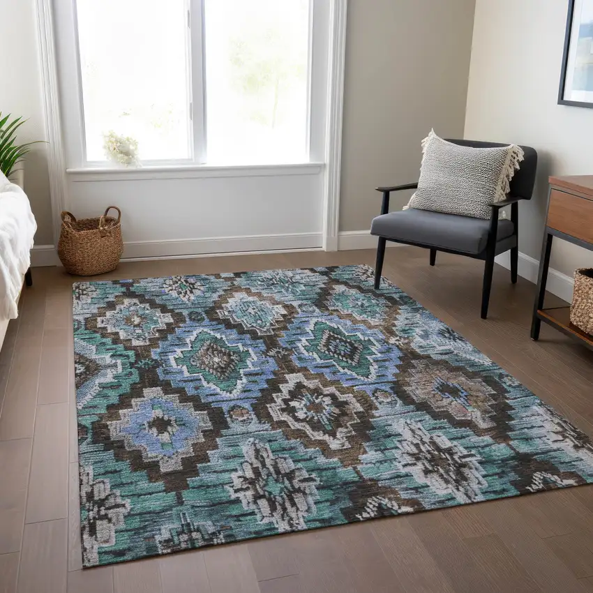 Brown And Denim Blue Aztec Washable Indoor Outdoor Area Rug Photo 7