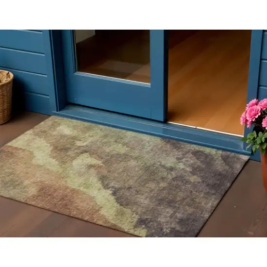 Brown And Fern Green Abstract Washable Indoor Outdoor Area Rug Photo 2