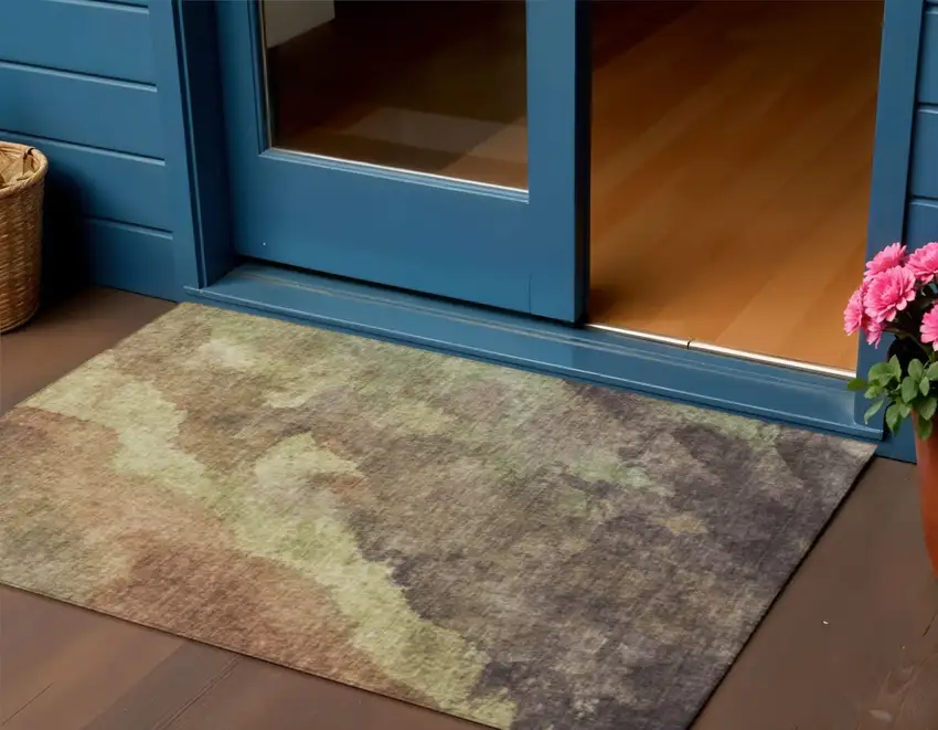 Brown And Fern Green Abstract Washable Indoor Outdoor Area Rug Photo 2