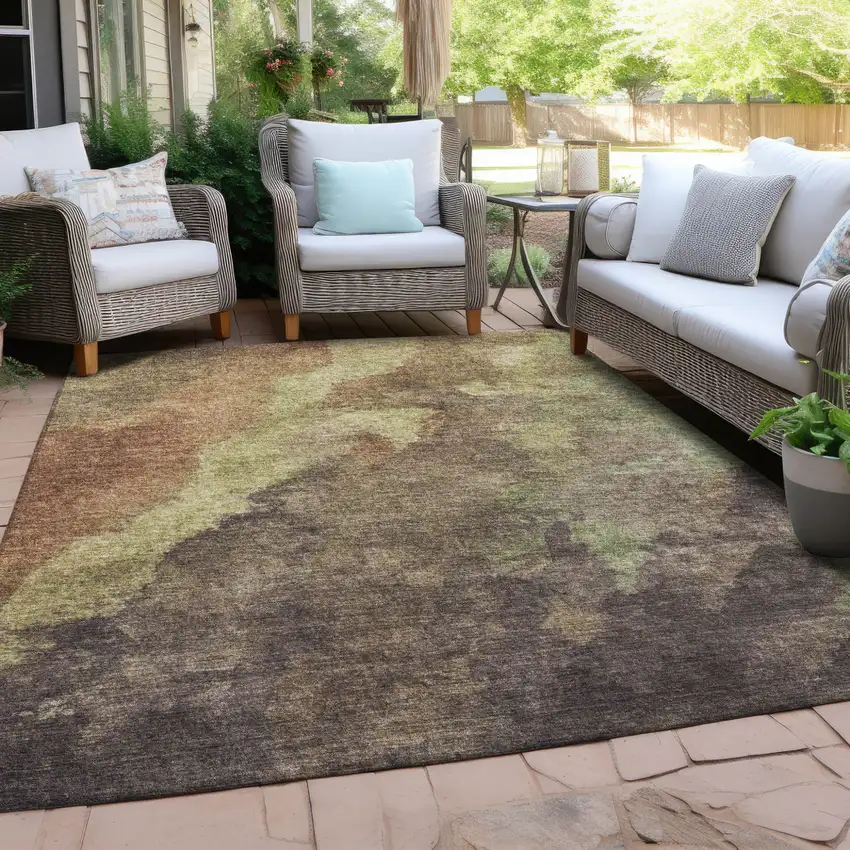 Brown And Fern Green Abstract Washable Indoor Outdoor Area Rug Photo 4
