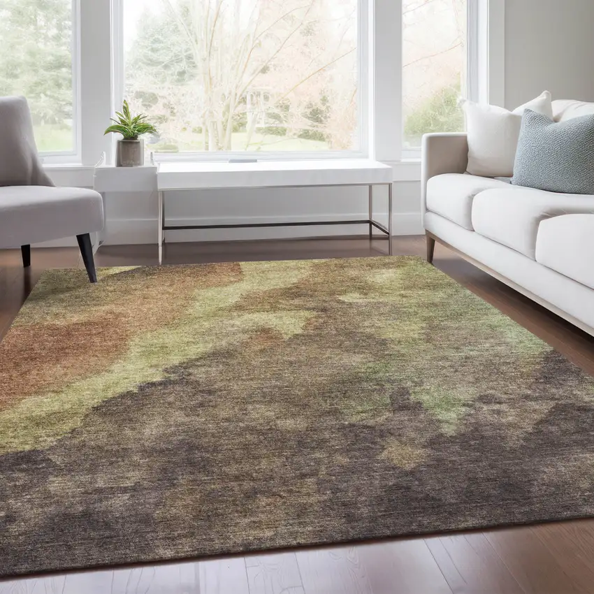 Brown And Fern Green Abstract Washable Indoor Outdoor Area Rug Photo 5