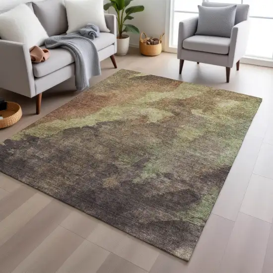 Brown And Fern Green Abstract Washable Indoor Outdoor Area Rug Photo 4