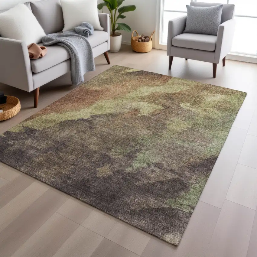 Brown And Fern Green Abstract Washable Indoor Outdoor Area Rug Photo 6
