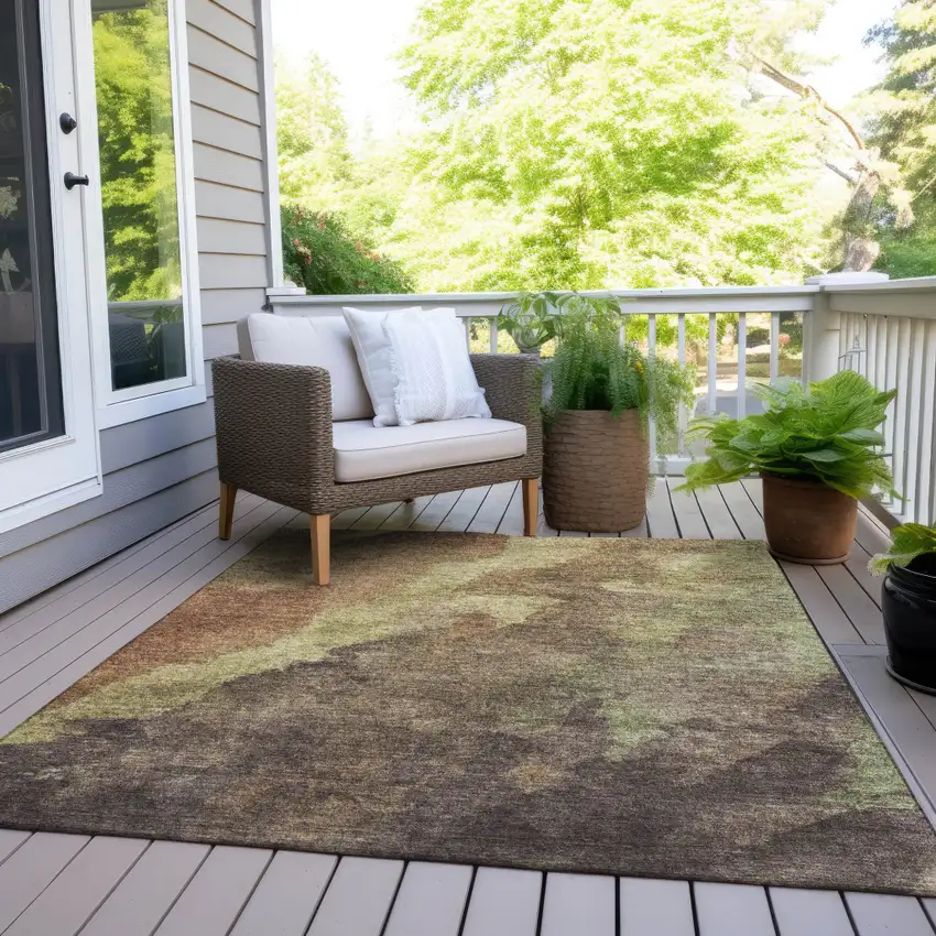 Brown And Fern Green Abstract Washable Indoor Outdoor Area Rug Photo 8
