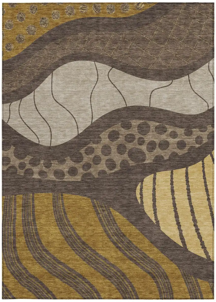 Brown And Gold Abstract Washable Indoor Outdoor Area Rug Photo 4