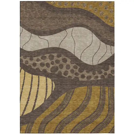 Brown And Gold Abstract Washable Indoor Outdoor Area Rug Photo 2