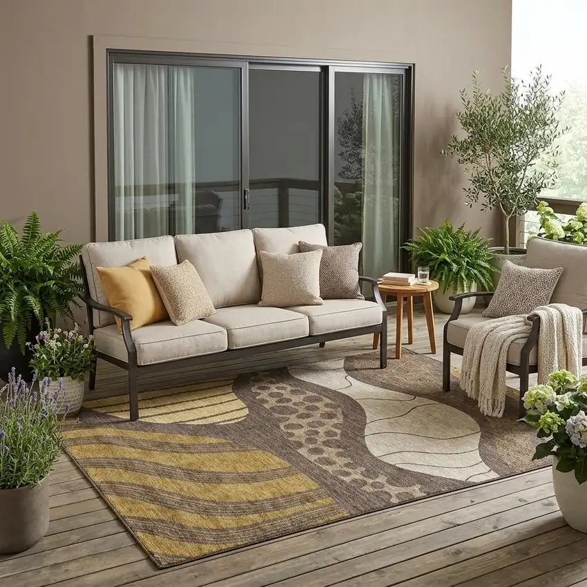 Brown And Gold Abstract Washable Indoor Outdoor Area Rug Photo 1