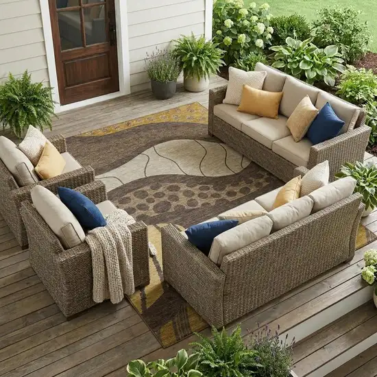 Brown And Gold Abstract Washable Indoor Outdoor Area Rug Photo 1