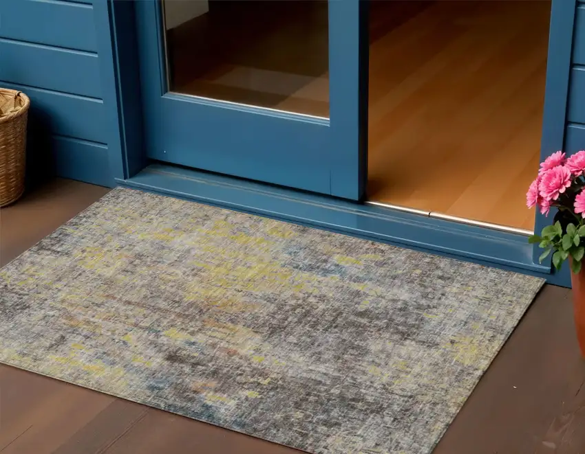 Brown And Gold Abstract Washable Indoor Outdoor Area Rug Photo 1