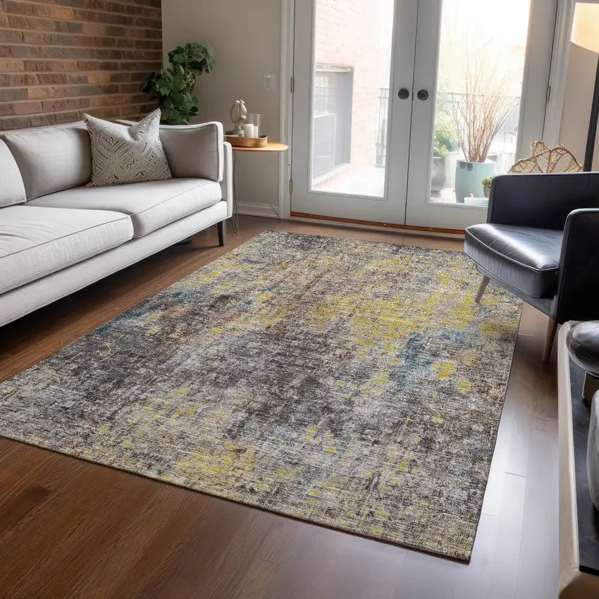 Brown And Gold Abstract Washable Indoor Outdoor Area Rug Photo 8