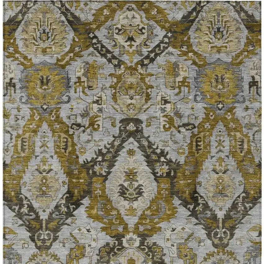 Brown And Gold Damask Washable Indoor Outdoor Area Rug Photo 3