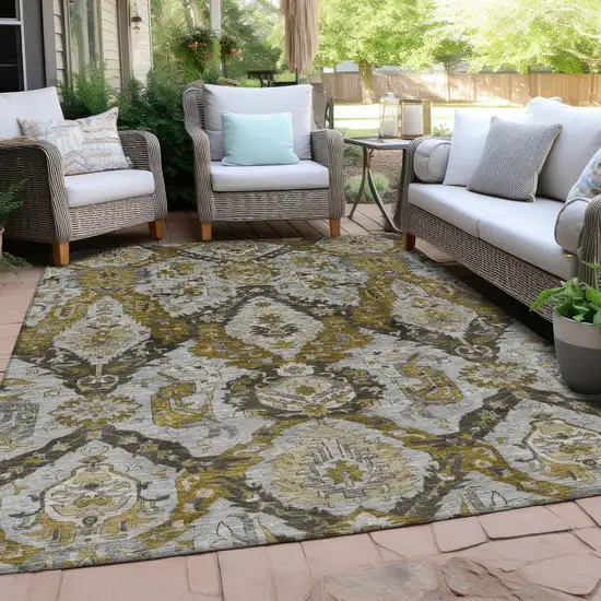 Brown And Gold Damask Washable Indoor Outdoor Area Rug Photo 5