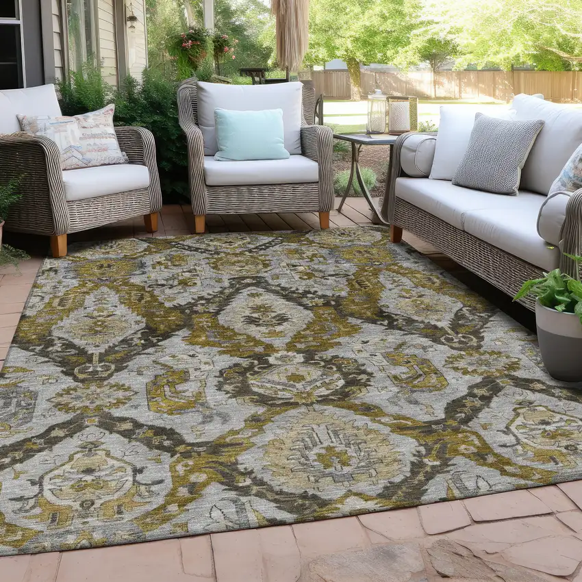 Brown And Gold Damask Washable Indoor Outdoor Area Rug Photo 5