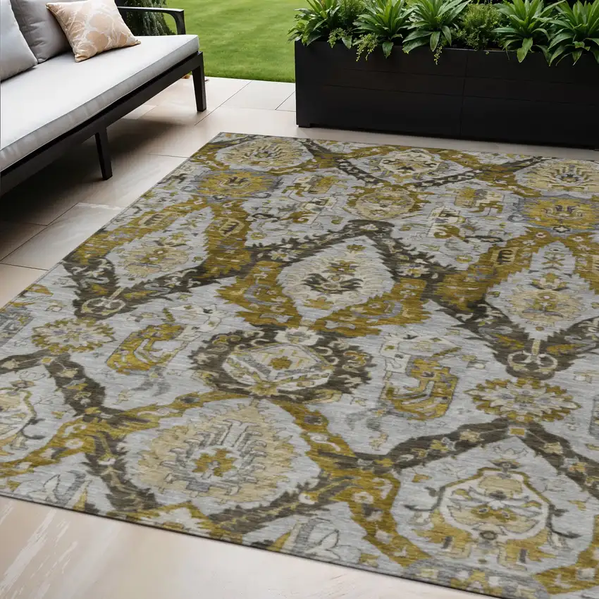 Brown And Gold Damask Washable Indoor Outdoor Area Rug Photo 2