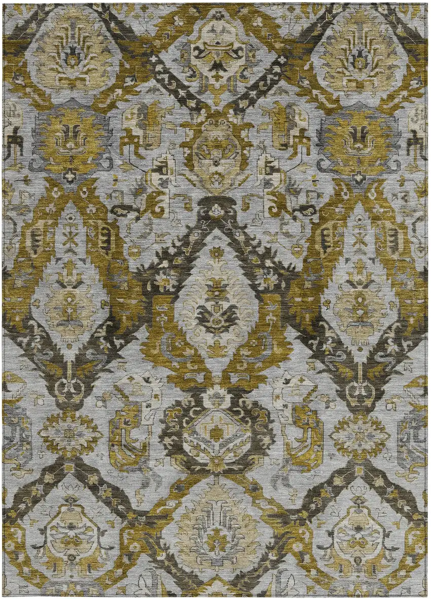 Brown And Gold Damask Washable Indoor Outdoor Area Rug Photo 4