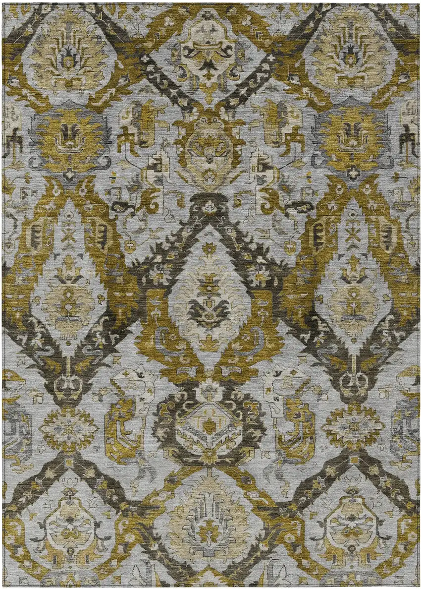 Brown And Gold Damask Washable Indoor Outdoor Area Rug Photo 1