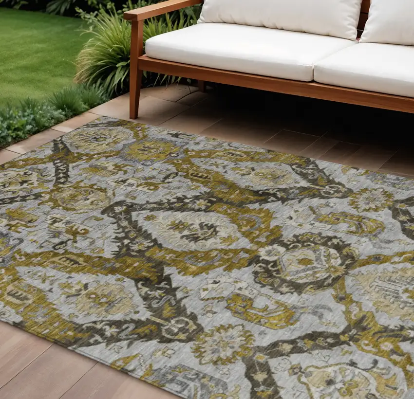 Brown And Gold Damask Washable Indoor Outdoor Area Rug Photo 2