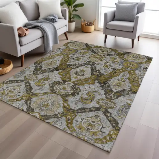 Brown And Gold Damask Washable Indoor Outdoor Area Rug Photo 6