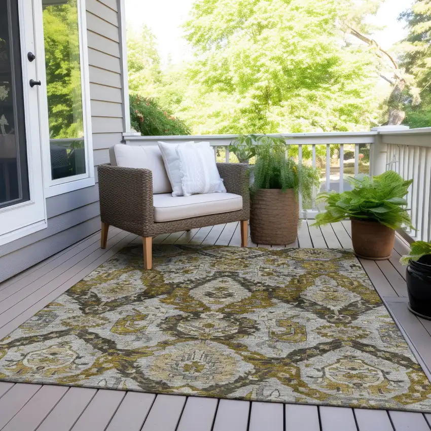 Brown And Gold Damask Washable Indoor Outdoor Area Rug Photo 8