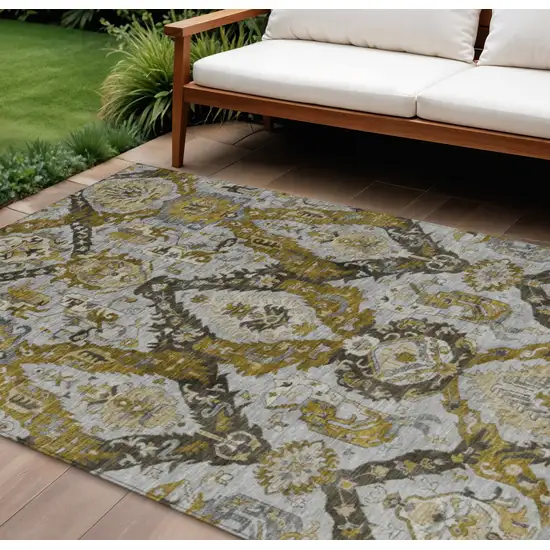 Brown And Gold Damask Washable Indoor Outdoor Area Rug Photo 2