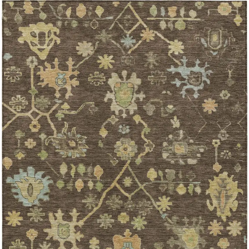 Brown And Gold Floral Washable Indoor Outdoor Area Rug Photo 9