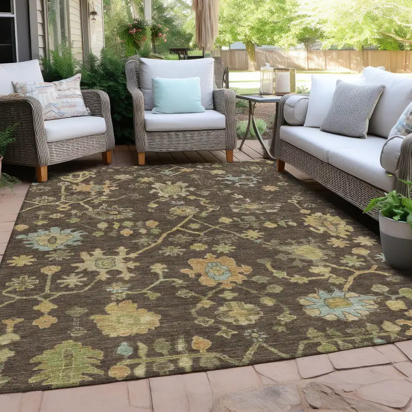 Brown And Gold Floral Washable Indoor Outdoor Area Rug Photo 5