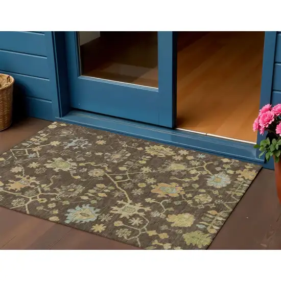 Brown And Gold Floral Washable Indoor Outdoor Area Rug Photo 2