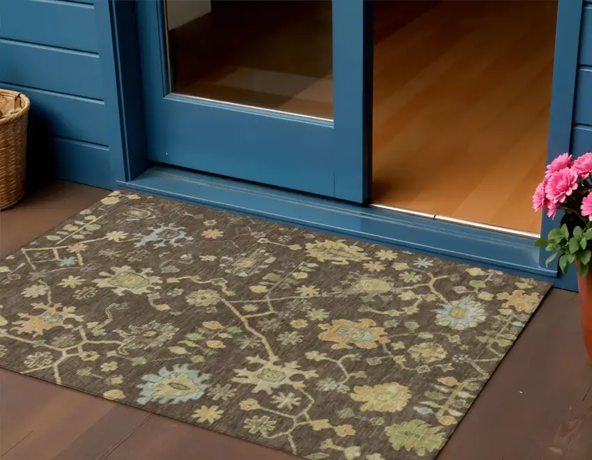Brown And Gold Floral Washable Indoor Outdoor Area Rug Photo 2
