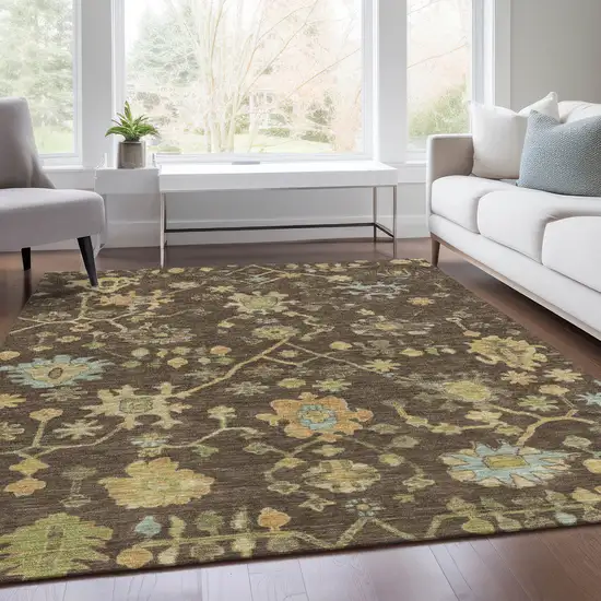 Brown And Gold Floral Washable Indoor Outdoor Area Rug Photo 7