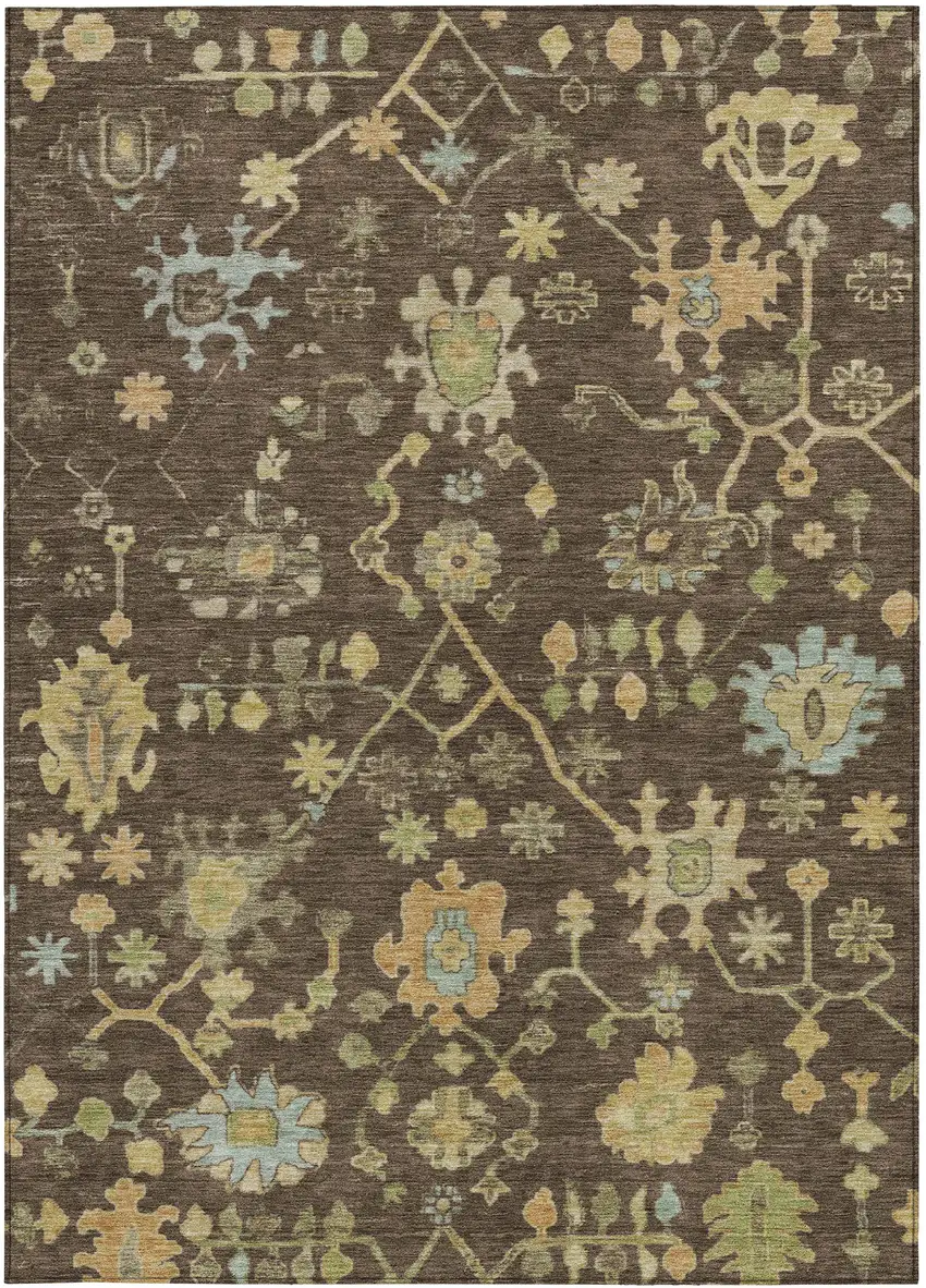 Brown And Gold Floral Washable Indoor Outdoor Area Rug Photo 3