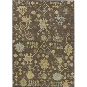 Photo of Brown And Gold Floral Washable Indoor Outdoor Area Rug
