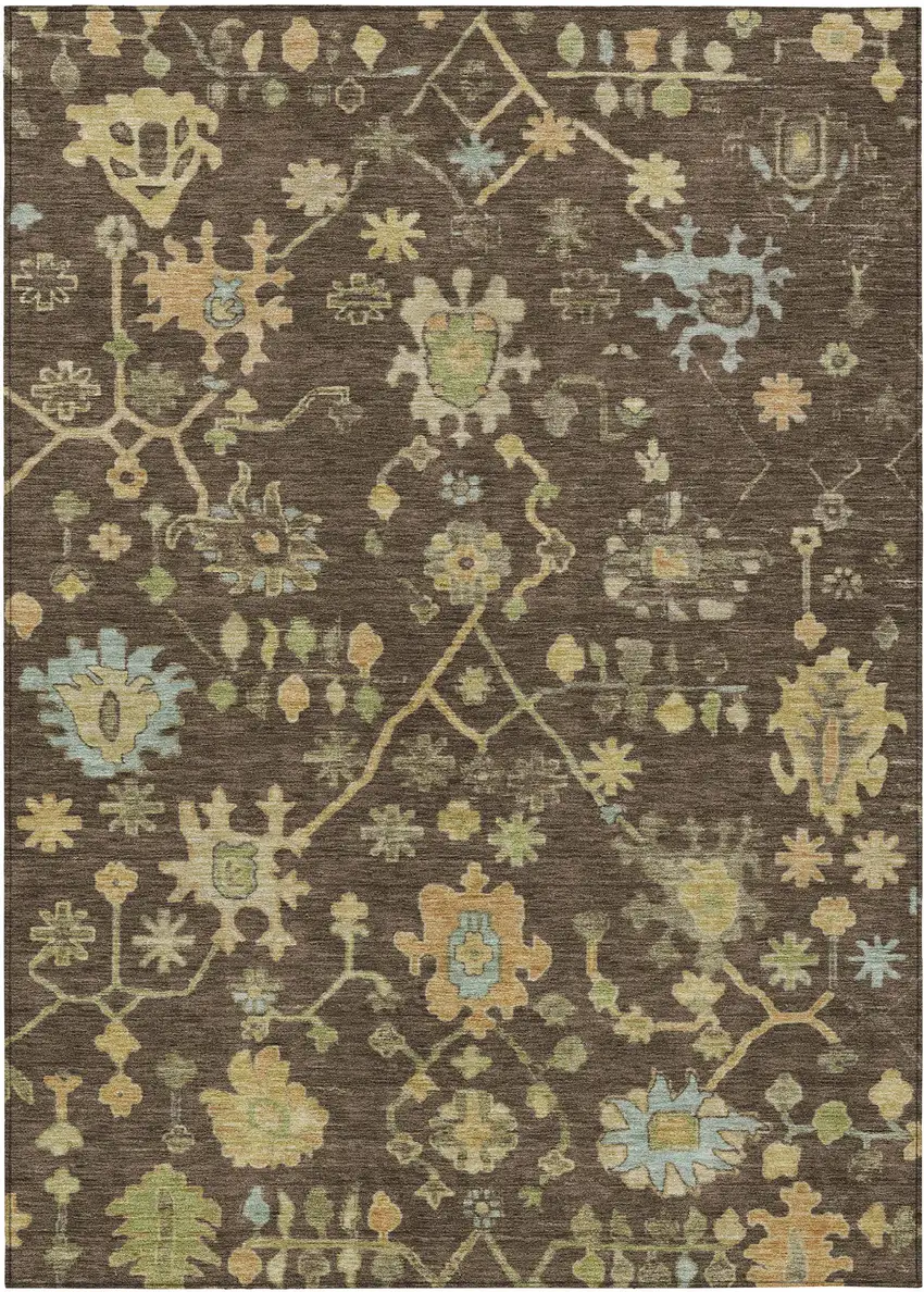 Brown And Gold Floral Washable Indoor Outdoor Area Rug Photo 1