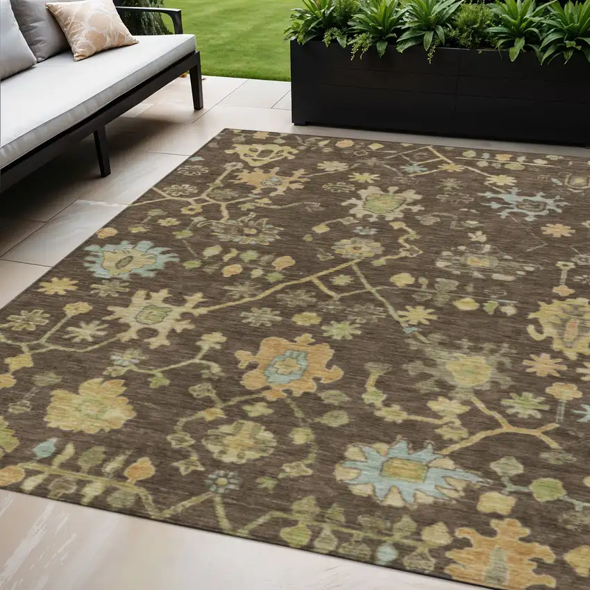 Brown And Gold Floral Washable Indoor Outdoor Area Rug Photo 2