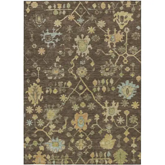 Brown And Gold Floral Washable Indoor Outdoor Area Rug Photo 3