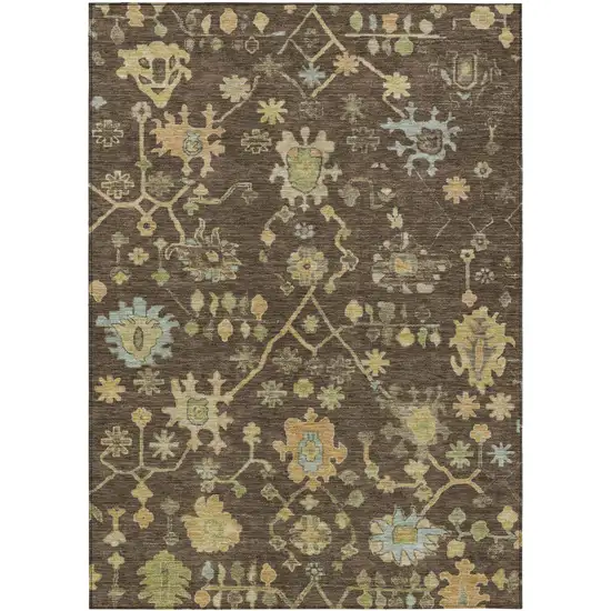 Brown And Gold Floral Washable Indoor Outdoor Area Rug Photo 1