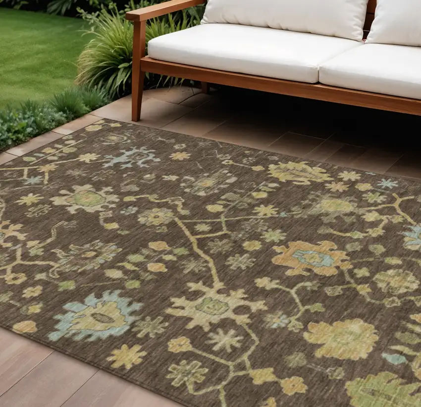 Brown And Gold Floral Washable Indoor Outdoor Area Rug Photo 2