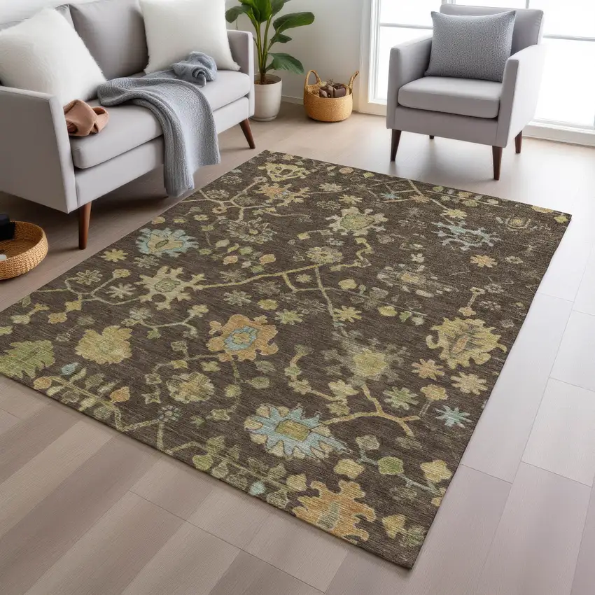 Brown And Gold Floral Washable Indoor Outdoor Area Rug Photo 6
