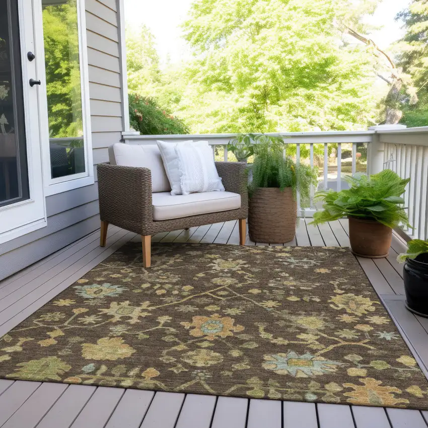 Brown And Gold Floral Washable Indoor Outdoor Area Rug Photo 8