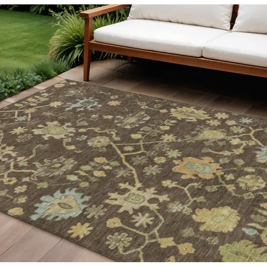 Brown And Gold Floral Washable Indoor Outdoor Area Rug Photo 2