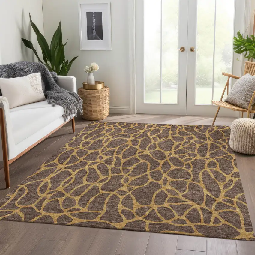 Brown And Gold Geometric Washable Area Rug With UV Protection Photo 4