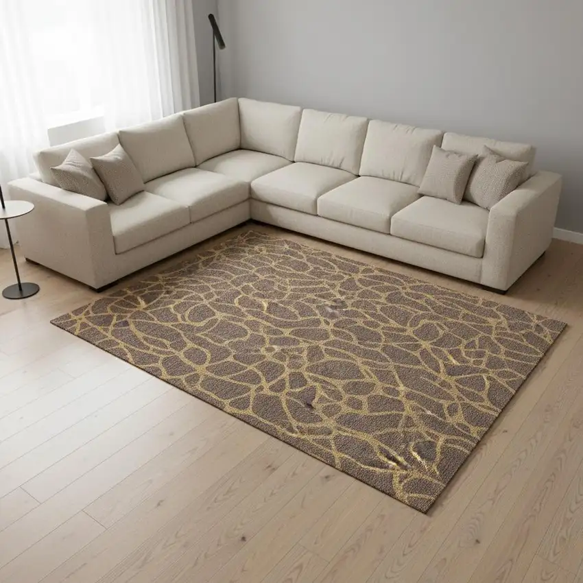 Brown And Gold Geometric Washable Area Rug With UV Protection Photo 2