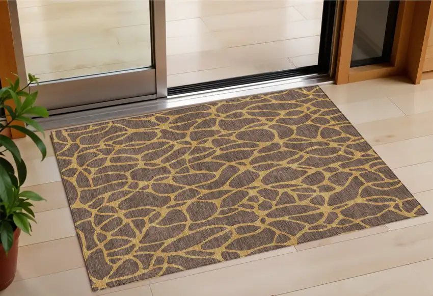 Brown And Gold Geometric Washable Indoor Outdoor Area Rug Photo 1