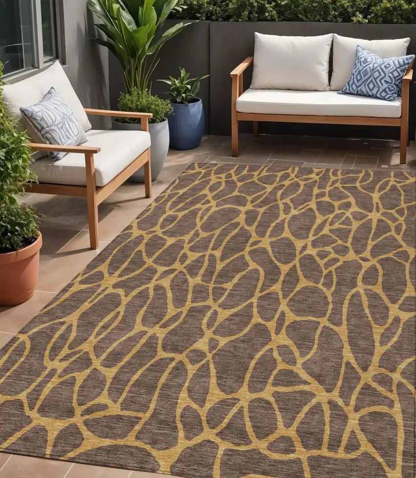 Brown And Gold Geometric Washable Indoor Outdoor Area Rug Photo 1