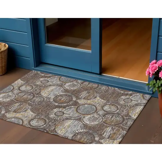 Brown And Gold Geometric Washable Indoor Outdoor Area Rug Photo 2