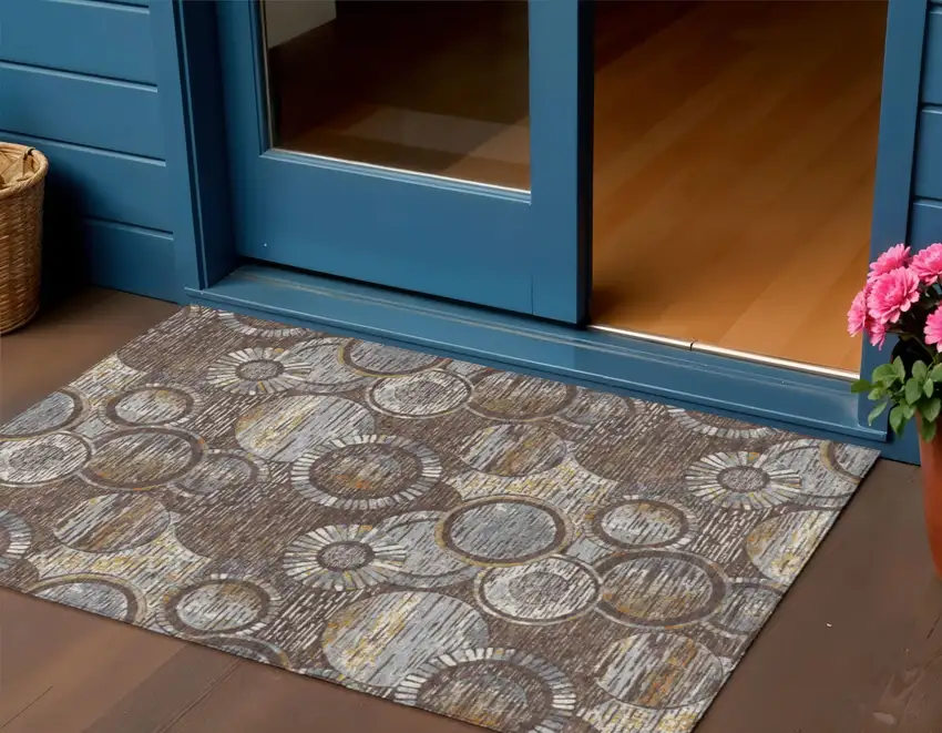 Brown And Gold Geometric Washable Indoor Outdoor Area Rug Photo 2