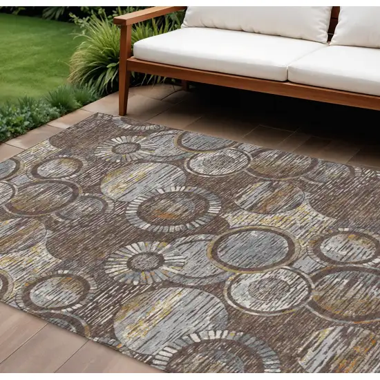 Brown And Gold Geometric Washable Indoor Outdoor Area Rug Photo 2