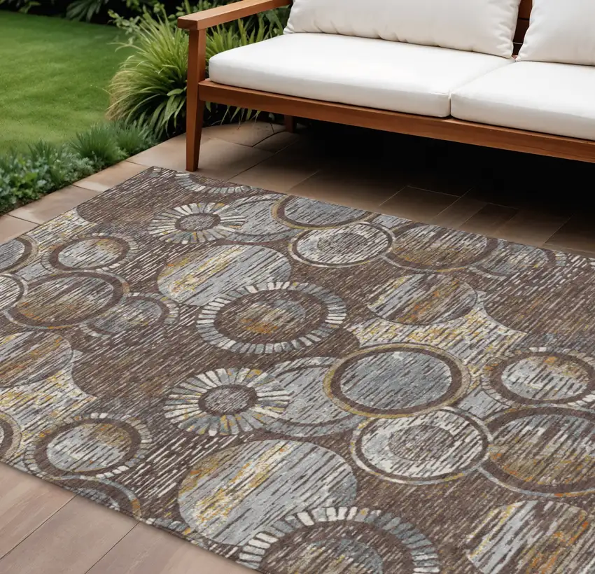 Brown And Gold Geometric Washable Indoor Outdoor Area Rug Photo 2