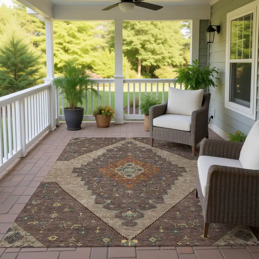 Brown And Gold Geometric Washable Indoor Outdoor Area Rug Photo 4