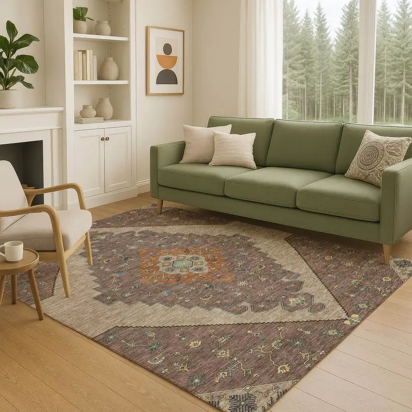 Brown And Gold Geometric Washable Indoor Outdoor Area Rug Photo 5