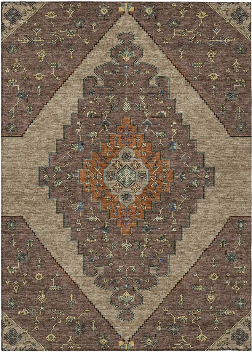 Brown And Gold Geometric Washable Indoor Outdoor Area Rug Photo 1
